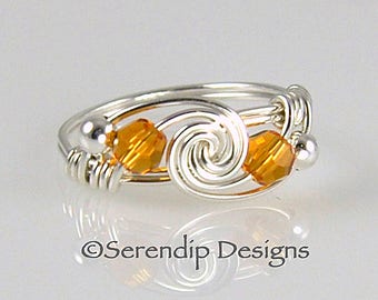 Wire Wrapped Twist Ring, Argentium Sterling Silver Swarovski Amber Crystal Ring, November Birthstone Ring, Mothers Ring, Couples Ring