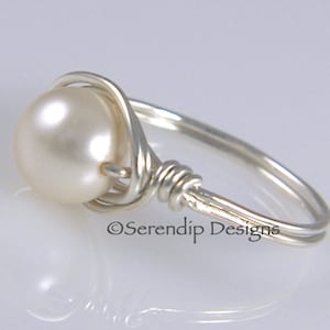 June Birthstone Pearl Ring, Cream Solitaire Argentium Sterling Silver Ring in Your Size, Custom Swarovski Pearl Ring, Silver Pearl Ring