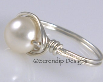 June Birthstone Pearl Ring, Cream Solitaire Argentium Sterling Silver Ring in Your Size, Custom Swarovski Pearl Ring, Silver Pearl Ring