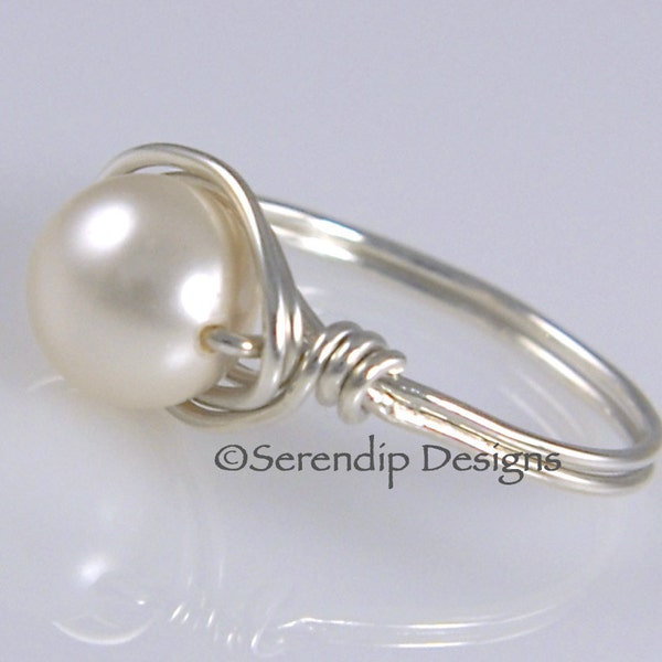 Sterling Silver Cream Pearl Solitaire Ring, Argentium Sterling Silver Pearl Ring, Swarovski Crystal Pearl, Custom Silver Cream Pearl Ring