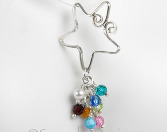 Zilveren spiraal ster moeders hanger met acht Swarovski Crystal Birthstone hangertjes, 8 Birthstone familie hanger, grootmoeders ketting SN7