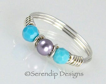 Silver Wrapped Crystal and Pearl Ring, Two Swarovski Crystals Surrounding a Swarovski Crystal Pearl, Mauve Pearl with Turquoise Crystal