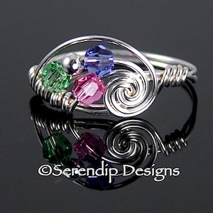 Silver Wrapped Birthstone Ring, Three Birthstone Ring, Mothers Ring, Family Ring, Argentium Sterling Silver and 3 Swarovski Crystals