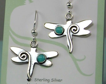 Shiny Silver Dragonfly Earrings with Amazonite and Mystic Spirals, Sterling Silver Dragonflies with Seafoam Green Gemstones