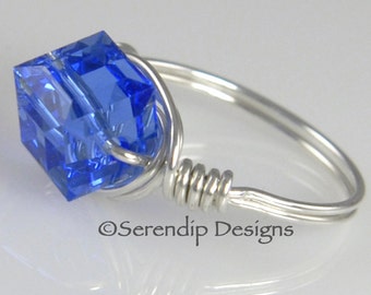 Argentium Sterling Silver Blue Crystal Ring, Sapphire Swarovski Crystal Cube Statement Ring, Wire Wrapped September Birthstone Ring