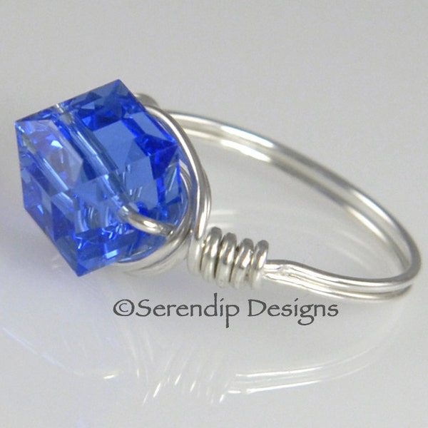 Argentium Sterling Silver Blue Crystal Ring, Sapphire Swarovski Crystal Cube Statement Ring, Wire Wrapped September Birthstone Ring