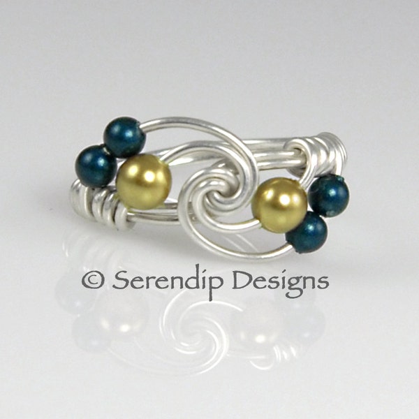 Silver Twist Pearl Cluster Ring, Dark Metallic Blue and Gold Pearl Cluster Ring, Custom Sterling Silver Swarovski Pearl Ring in Your Size