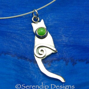 Silver Cat Necklace with Green Gaspeite Cabochon and Silver Spiral, Shiny Silver Cat Pendant with Green Gemstone, Shiny Silver Kitty