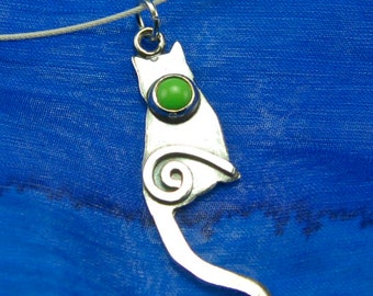 Silver Cat Necklace with Green Gaspeite Cabochon and Silver Spiral, Shiny Silver Cat Pendant with Green Gemstone, Shiny Silver Kitty