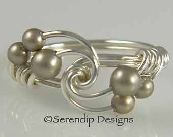 Custom Silver Pearl Twist Ring, Wire Wrapped Argentium Sterling Silver Platinum Swarovski Pearls, Pearl Cluster Ring, Silver Pearl Twist