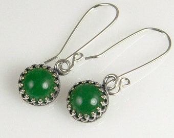 Green Aventurine and Silver Earrings in Crown Bezel, Gemstone Earrings in Silver Gallery Wire Bezels  GS18