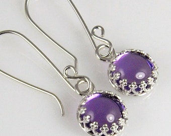 Natural Amethyst Sterling Silver Earrings in Crown Bezel Clear Purple Gemstone Earrings in Silver Gallery Wire Bezels  GS12