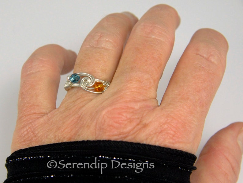 Couples Birthstone Ring, Argentium Sterling Silver Two Swarovski Crystal Wire Wrapped Mothers Ring, Couples Ring, Best Friends Ring image 3