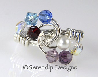 Acht Birthstone grootmoeders Ring, moeders Ring, Argentium Sterling zilver en 8 Swarovski Birthstone kristallen mr8-4