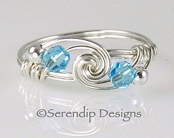 March Birthstone Sterling Silver Wrapped Twist Ring, Swarovski Crystal Aquamarine Ring, Argentium Sterling Silver Ring, Best Friend Ring