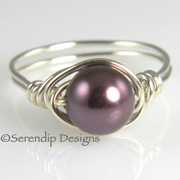 Anillo de perlas de piedra de nacimiento de junio, solitario de Borgoña en plata de ley De Argentium, anillo de perla púrpura personalizado, anillo de perlas Swarovski, anillo envuelto