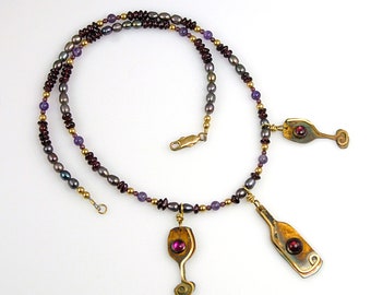Wine Necklace, Silver Patina with Garnets, Amethyst, Ruby, Pearls, and Gold Accents, Red Wine Necklace, Patina Sterling Silver