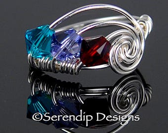 Three Birthstone Mothers Ring, Grandmothers Ring, Argentium Sterling Silver and 3 Swarovski Birthstone Crystals mr3-6