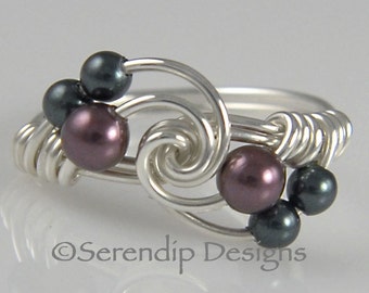 Silver Twist Pearl Cluster Ring, Burgundy and Tahitian Black Pearl Cluster Ring, Custom Sterling Silver Swarovski Pearl Ring in Your Size