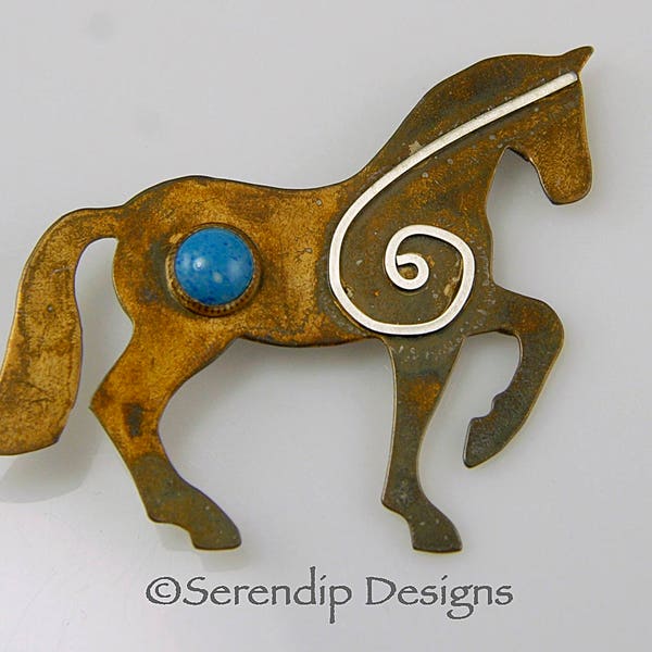 Sterling Silver Patina Lipizzaner Horse Brooch with Denim Lapis Lazuli and Wavy Spiral, Silver Lipizzan Pin, Equitation Brooch