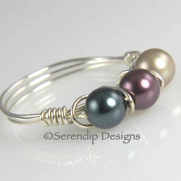 Silver Wrapped Wire Pearl Ring, Three Swarovski Pearls Platinum, Burgundy, Tahitian Silver Ring, 3 Pearl Ring