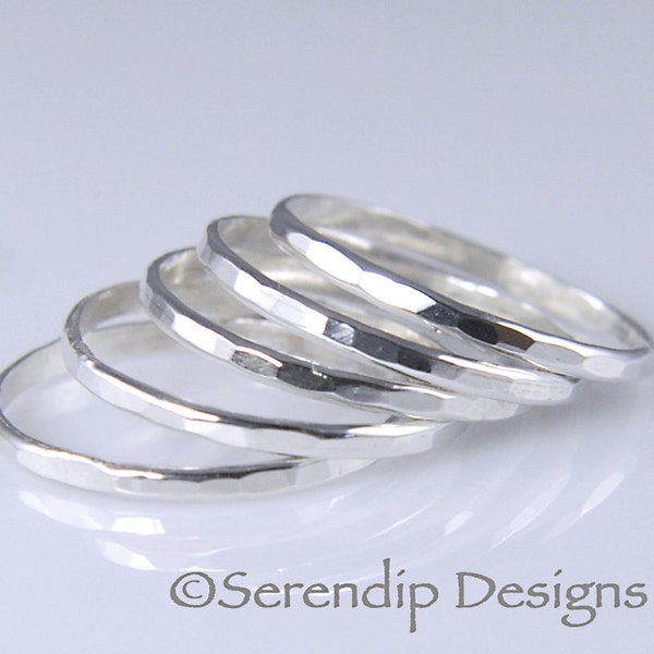 Five Argentium Sterling Silver Stacking Rings, Set of 5 Hammered Sterling Silver Stack Rings, Rustic Stacking Rings  5r-ah1