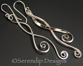 Long Silver Double Spiral Gillian Earrings, Argentium Sterling Silver Earrings Silver Swirls, Elegant Long Dangle Earrings SE4