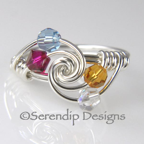 Four Birthstone Grandmothers Ring, Mothers Ring, Argentium Sterling Silver and 4 Swarovski Birthstone Crystals mr4tw-4