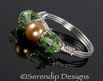 Silver Wrapped Crystal and Pearl Ring, Two Swarovski Crystals Surrounding a Swarovski Crystal Pearl, Gold Pearl with Peridot Crystals