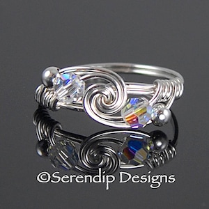 Silver Twist Ring Swarovski Crystal Argentium Sterling Clear Crystal April Birthstone Ring, Couple&#39;s Ring, Best Friend Ring