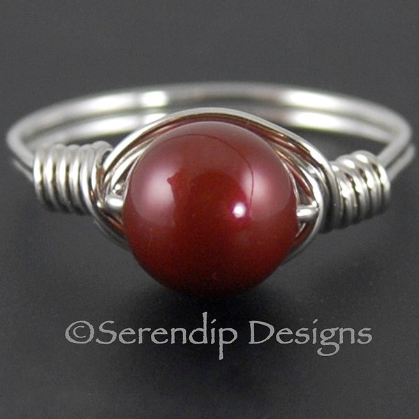 Bordeaux Silver Pearl Ring Solitaire, Argentium Sterling Silver Swarovski Elements Brick Red Pearl Ring, Sterling Silver Red Pearl Ring