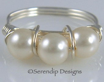Silver Wrapped Wire Pearl Ring, Three Swarovski Pearl Ring, Sterling Silver Cream Pearl Ring, Multi Pearl Ring