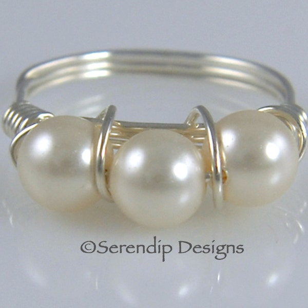 Silver Wrapped Wire Pearl Ring, Three Swarovski Pearl Ring, Sterling Silver Cream Pearl Ring, Multi Pearl Ring