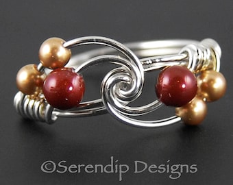 Zilveren Parel Twist Ring, Argentium Sterling Zilveren Ring met Baksteen Rood Bordeaux en Gouden Parel Clusters, Aangepaste Zilveren Parel Twist Ring