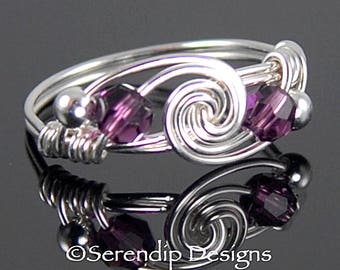 February Birthstone Ring, Sterling Silver Amethyst Ring, Swarovski Crystal Twist Argentium Silver Ring