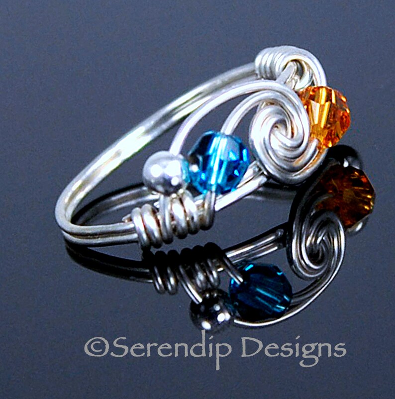 Couples Birthstone Ring, Argentium Sterling Silver Two Swarovski Crystal Wire Wrapped Mothers Ring, Couples Ring, Best Friends Ring image 7