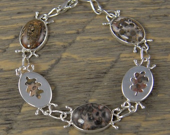 Silver Oak Leaf Bracelet with Leopard Skin Jasper, Handmade Sterling Silver Oak Leaf Link Bracelet, OOAK, Reversible  Bracelet