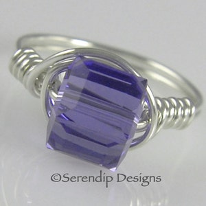 Tanzanite December Birthstone Silver Ring, Swarovski Crystal Cube Argentium Sterling Statement Ring