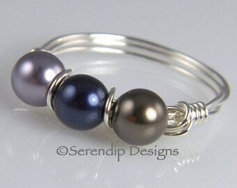 Sterling Silver Wrapped Wire Pearl Ring, Three Crystal Passions Crystal Pearls Mauve, Night Blue, Brown - Wire Wrapped Silver Ring