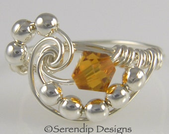 November Birthstone Ring, Wire Wrapped Argentium Sterling Zilver Swarovski Topaz Crystal Galaxy