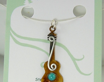 Silver Guitar Pendant with Amazonite Cabochon and Silver Spirals, Patina Sterling Silver Guitar Necklace with Seafoam Green Gemstone