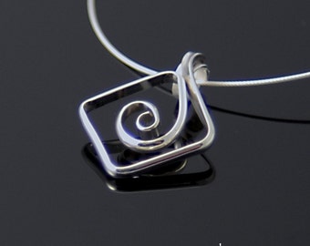 Square Spiral Silver Pendant, Shiny Argentium Sterling Silver Spiral Necklace, Geometrical Spiral Pendant SN58