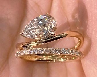 Pear Moissanite Bypass Engagement Ring Set | Yellow Gold Swirl Shank | Matching Pave Wedding Band