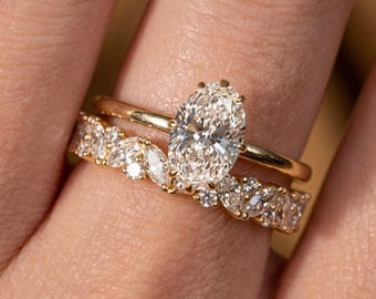 Bridal Set Oval Solitaire Ring | Marquise Round Half Eternity Wedding Band | 14K Yellow Gold