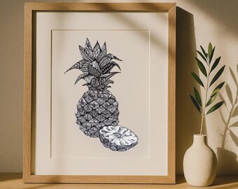 ゼンタングル パイナップル 水彩画 プリント、ホーム デコレーション