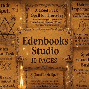 May include: A collection of vintage-style parchment pages with text and illustrations, including the words "Luck Spell," "Edenbooks Studio," and "Spells for Good Luck in Business." The pages have a warm, aged appearance, with a lit candle in the foreground.