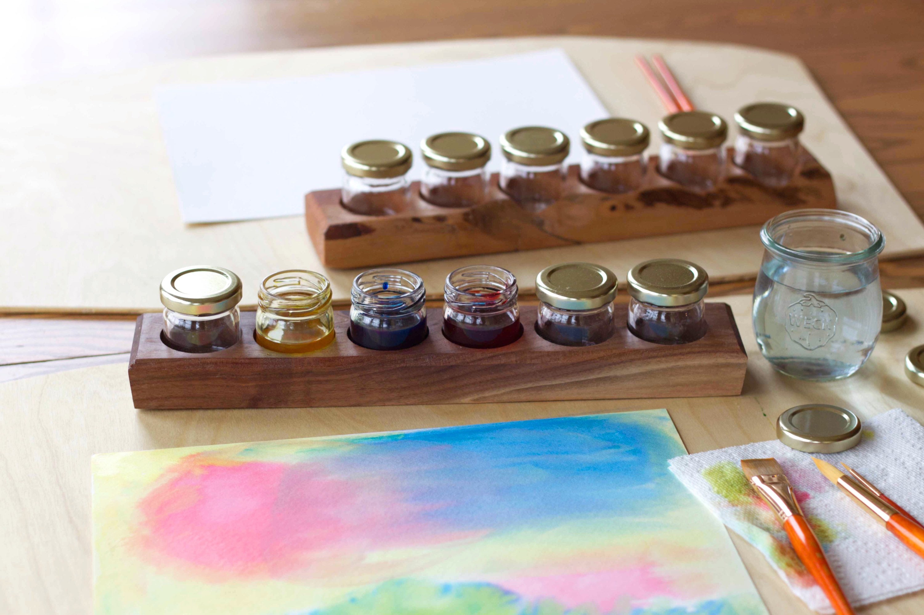 Wood Paint Jar Holder With 6 Jars Waldorf Wetonwet Watercolor