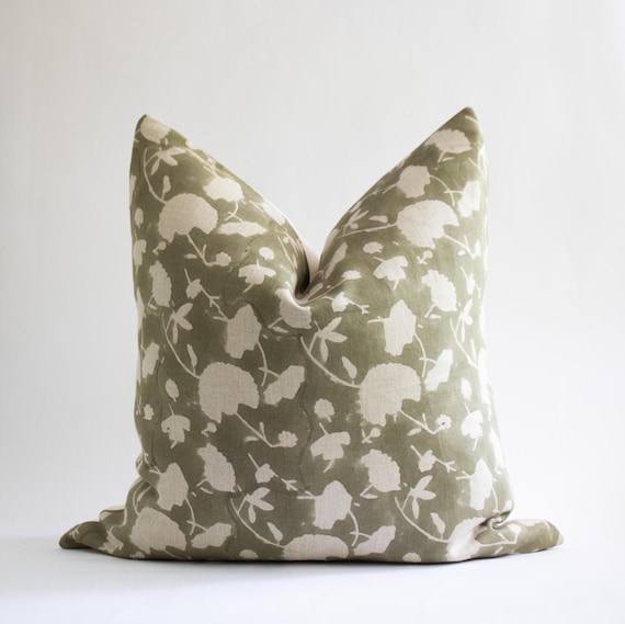 Olive Green Floral Linen Pillow Cover: Hand Block Printed Cushion | JUNIPER