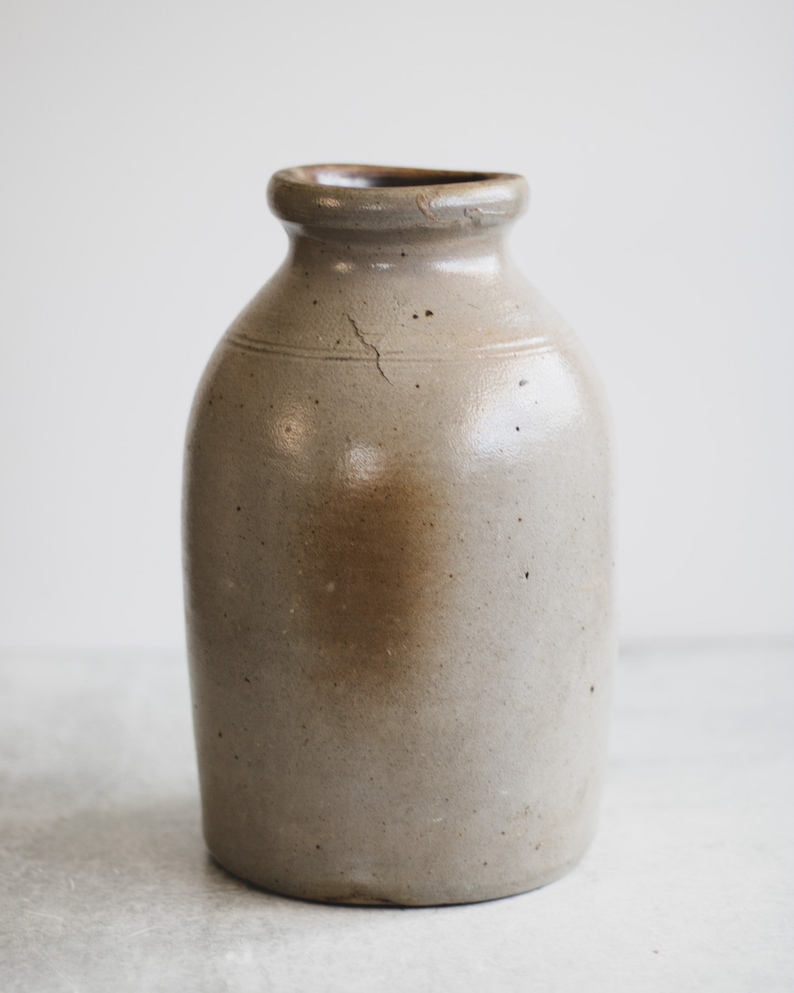 Primitive Salt Glazed Stoneware Jar, Beige Ceramic Crock Vase, Modern Farmhouse Pottery, Antique Stoneware Pottery Vase image 3