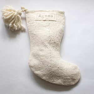White Christmas Stocking, White Mudcloth Christmas Stockings with Pom Poms, Cream Stocking Simple, Natural Minimalistic Christmas Decor